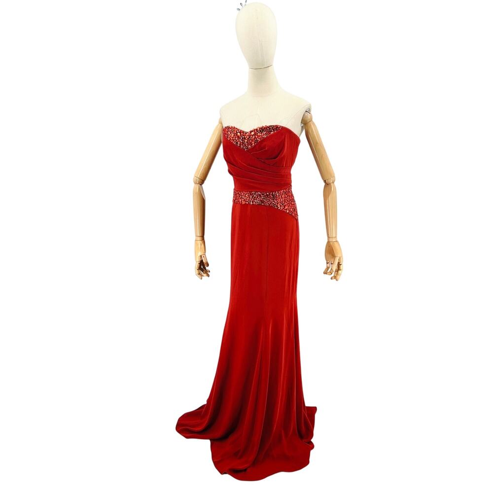 NWT Pamella Roland Red Embellished Ruched Strapless Gown